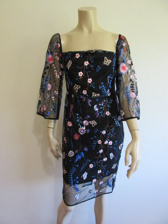 Winona Dresses & Skirts - WINONA Black Embroidered Butterflies & Flowers 6 Square Neck Evening Dress